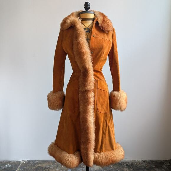 Vintage Orange Suede Penny Lane Afghan Trench Coat Fur Trim 70s Leather Jacket S - Picture 1 of 12